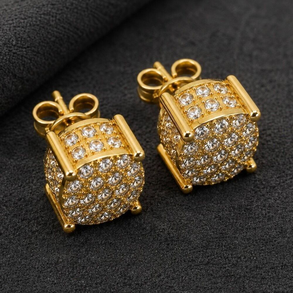 Men’s Gold Tone Iced Out Pave Cube Stud Earrings